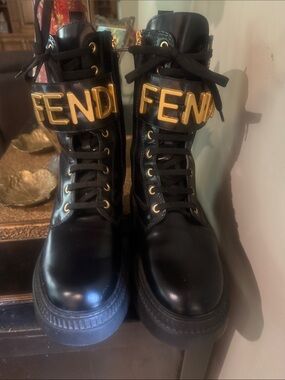 Fendi Black Leather Lace-Up Boots with Gold Logo Strap